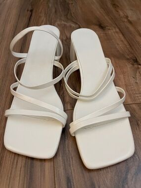 Women’s White Strappy Square-Toe Heeled Sandals